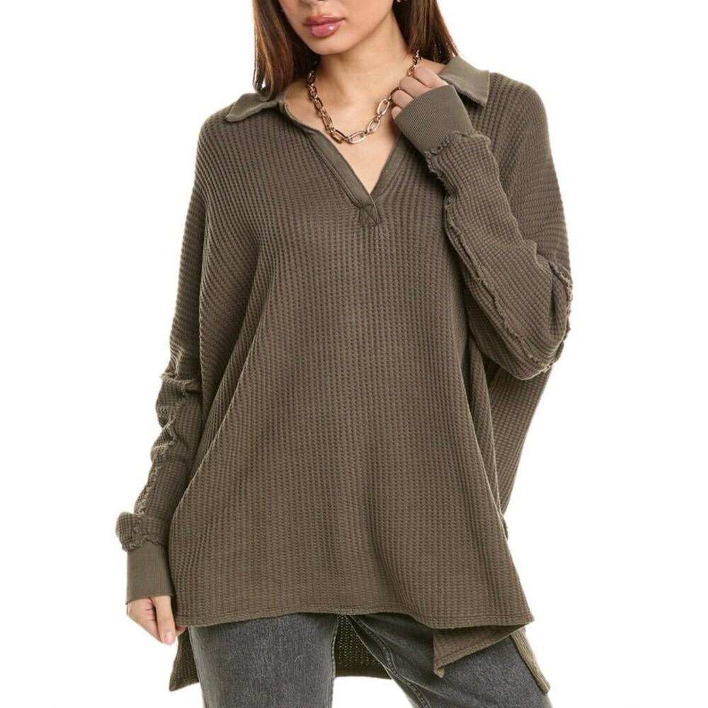 Free People We The Free Travis Oversized Thermal Top Olive Green XS Boho Casual